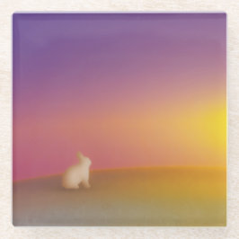 Schattig wit konijn op grasheuvel bij zonsopgang glazen onderzetter