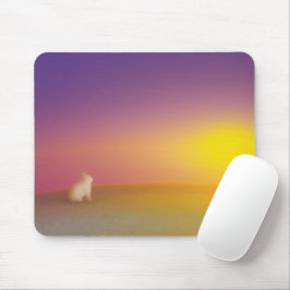 Schattig wit konijn op grasheuvel bij zonsopgang muismat