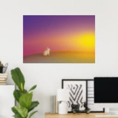 Schattig wit konijn op grasheuvel bij zonsopgang poster (Thuiskantoor)