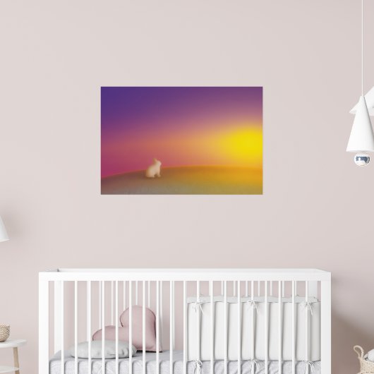 Schattig wit konijn op grasheuvel bij zonsopgang poster (Kinderkamer 2)