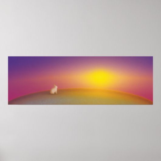 Schattig wit konijn op grasheuvel bij zonsopgang poster (Voorkant)