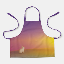 Schattig wit konijn op grasheuvel bij zonsopgang schort