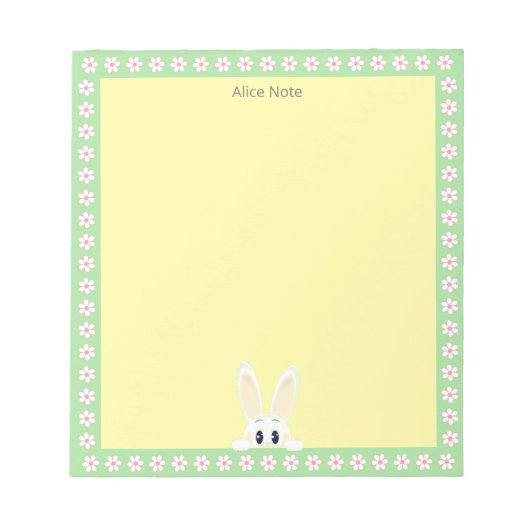 Schattig wit konijn & witte bloemen op geel Eenvou Notitieblok (Voorkant)