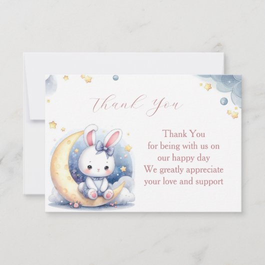 Schattig wit konijntje dat op de maan zit bedankkaart (Voorkant)