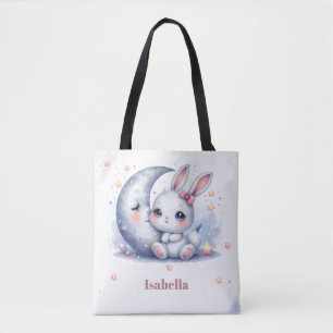 schattig wit konijntje en de maan tote bag
