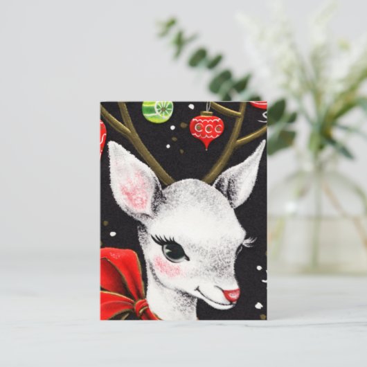 Schattig wit rendier met grote rode boog briefkaart (Staand voorkant)