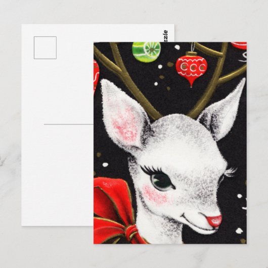 Schattig wit rendier met grote rode boog briefkaart (Voorkant / Achterkant)