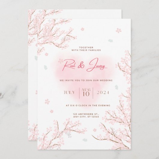 Schattig wit roze met Sakura takken bruiloft Kaart (Voorkant / Achterkant)