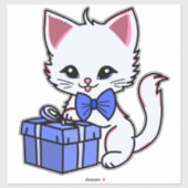 Schattig Witte Kitten met Blauwe Cadeau Sticker (Vel)