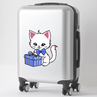 Schattig Witte Kitten met Blauwe Cadeau Sticker