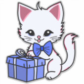 Schattig Witte Kitten met Blauwe Cadeau Sticker (Voorkant)