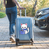 Schattig Witte Kitten met Blauwe Cadeau Sticker (Koffer Insitu)