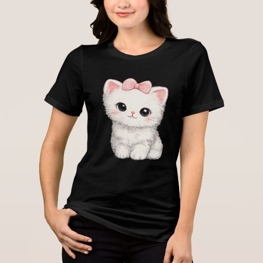 Schattig Witte Kitten met Roze Strik Tri-Blend Shirt (Voorkant)