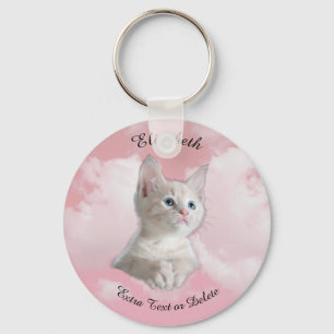 Schattig Witte Kitten Roze Lucht, Zwarte Naam, Ext Sleutelhanger