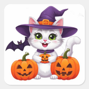 Schattig Witte Kittenspookjes Halloween Heksenhoed Vierkante Sticker