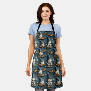 Schattig Wizard Cat Pattern met boeken en sterren Schort