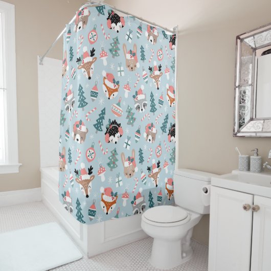 Schattig Woodland Christmas Animal Faces Pattern Douchegordijn (In situ)