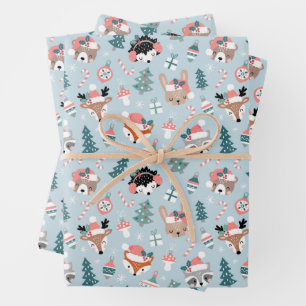 Schattig Woodland Christmas Animal Faces Pattern Inpakpapier Vel