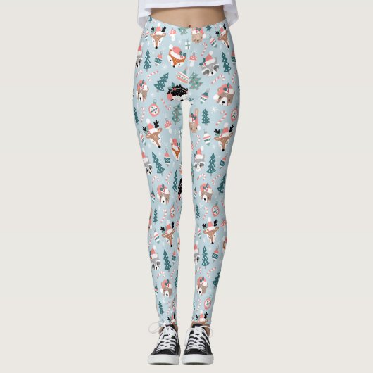 Schattig Woodland Christmas Animal Faces Pattern Leggings (Voorkant)