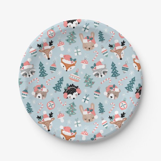 Schattig Woodland Christmas Animal Faces Pattern Papieren Bordje (Voorkant)