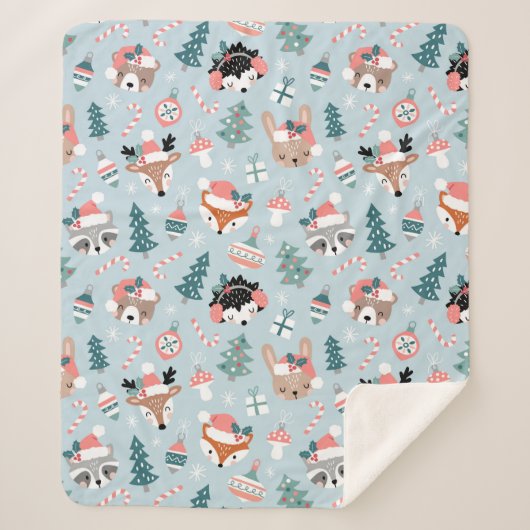 Schattig Woodland Christmas Animal Faces Pattern Sherpa Deken (Voorkant)