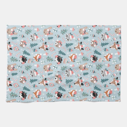 Schattig Woodland Christmas Animal Faces Pattern Theedoek (Horizontaal)
