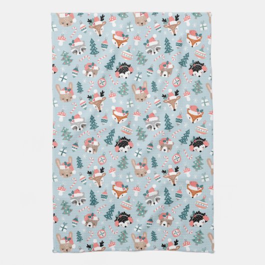 Schattig Woodland Christmas Animal Faces Pattern Theedoek (Verticaal)