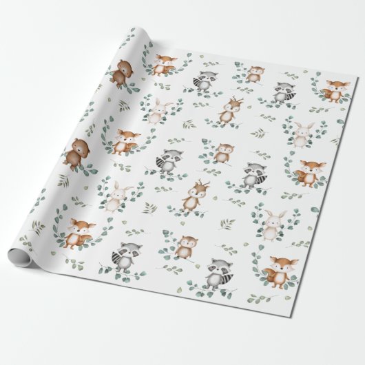 Schattig Woodland Greenery Forest Baby Animals Cadeaupapier (Uitgerold)