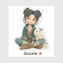 Schattig Zittend Meisje met Kat – Gezellige Karakt Sticker