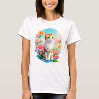 Schattig zoet Sinaasappel Tabby Kat met Bloemen zo T-shirt