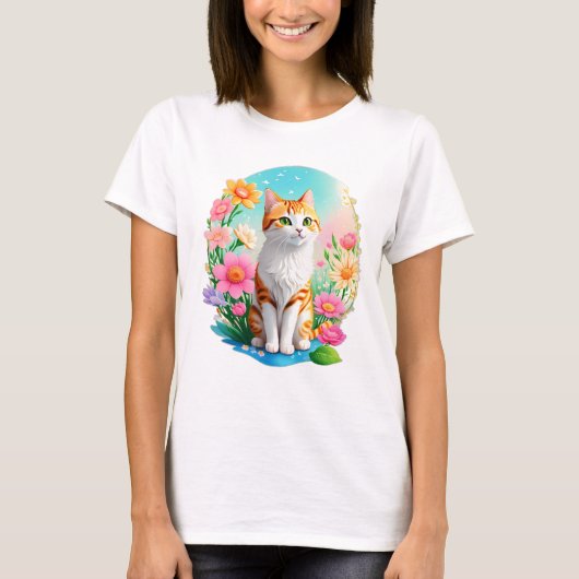 Schattig zoet Sinaasappel Tabby Kat met Bloemen zo T-shirt (Voorkant)