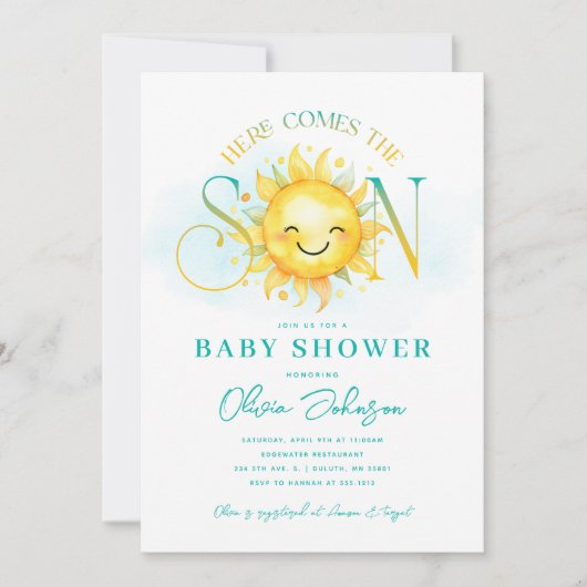 Schattig zonneschijn Hier komt de zoon Baby Shower Kaart (Voorkant)