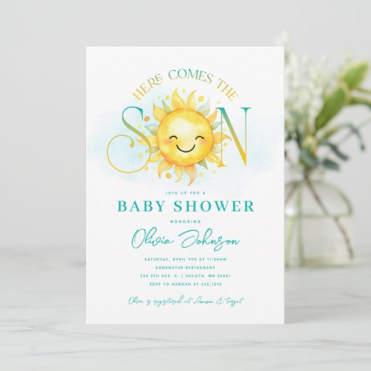 Schattig zonneschijn Hier komt de zoon Baby Shower Kaart (Staand voorkant)