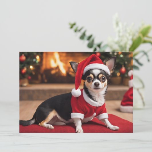 Schattig zwart Chihuahua met kerstmuts Feestdagenkaart (Staand voorkant)