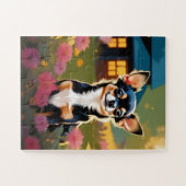 Schattig Zwart Chihuahua Puppy met Wildbloemen Legpuzzel (Horizontaal)