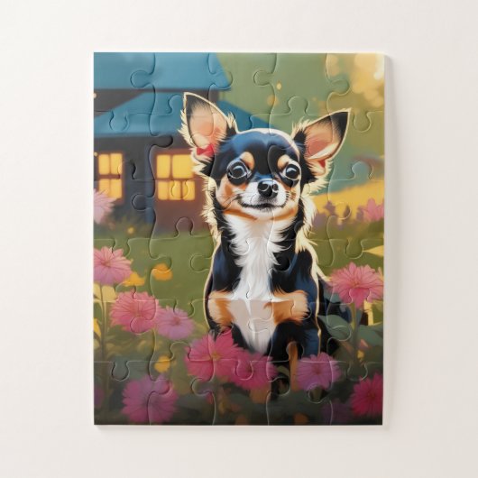 Schattig Zwart Chihuahua Puppy met Wildbloemen Legpuzzel (Verticaal)