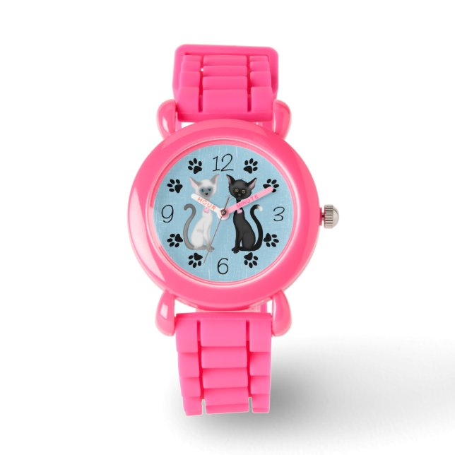 Schattig zwart en wit katten met Paw afdrukken op  Horloge (Voorkant)