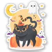 Schattig zwart kat en spook halloween gesneden vin sticker (Voorkant)