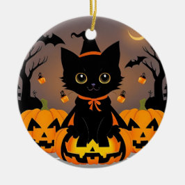 🧙♀️🐱 Schattig zwart katje heksachtige Halloween Keramisch Ornament