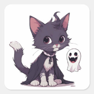 Schattig zwart katje met spook Halloween cape 👻 Vierkante Sticker