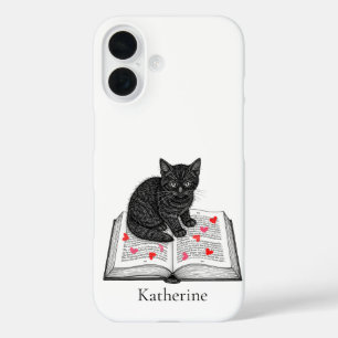 Schattig zwart katje op een boek gepersonaliseerd iPhone 16 hoesje