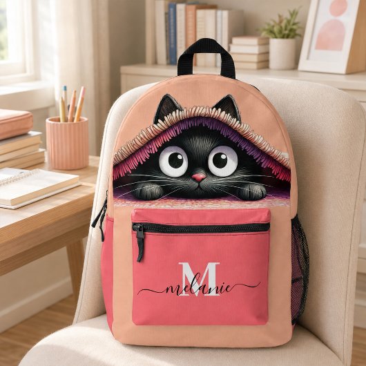 Schattig Zwart Katje Perzik Roze Aangepaste Naam Bedrukte Rugzak