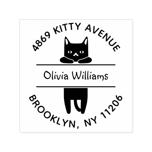 Schattig zwart kattenkat Cartoon rond retour adres Zelfinktende Stempel (Design)