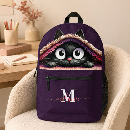 Schattig Zwart Kitten Paars Aangepaste Naam Bedrukte Rugzak