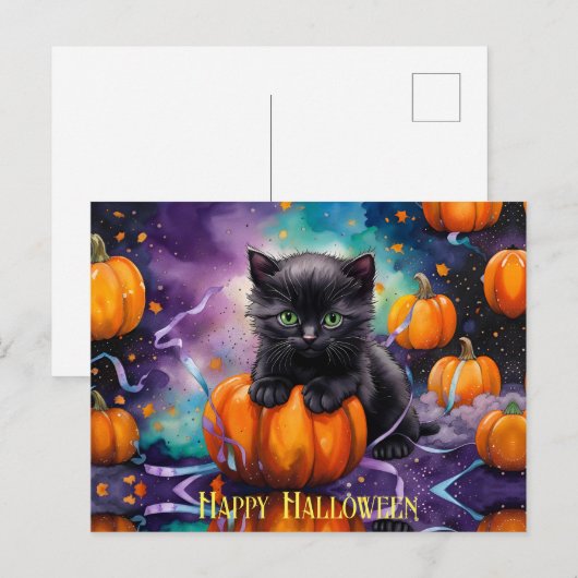 Schattig zwart kitten pompoenen en lint briefkaart (Voorkant / Achterkant)