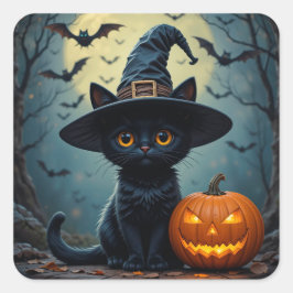 Schattig Zwart Kittenspookje Heksenhoed Halloween  Vierkante Sticker