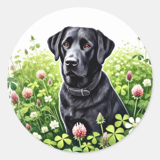 Schattig zwart lab in een klaverveld ronde sticker (Voorkant)