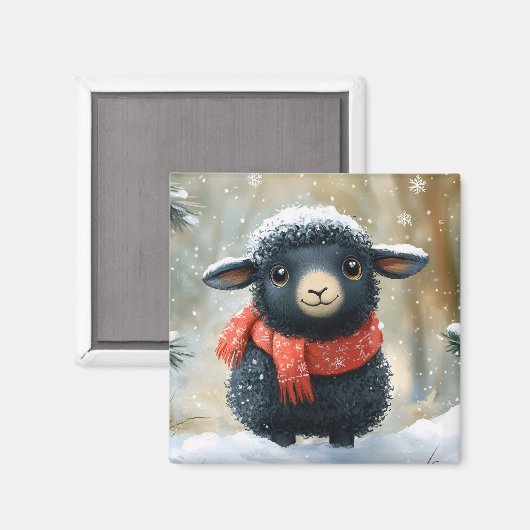 Schattig zwart lammetje met rode sjaal magneet (Voorkant / Achterkant)