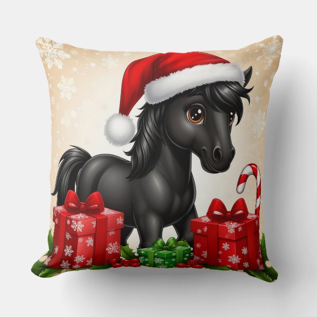 Schattig zwart paard met kerstmuts kussen (Voorkant)