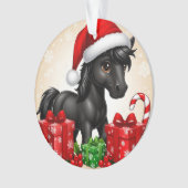 Schattig zwart paard met kerstmuts ornament (voorkant)